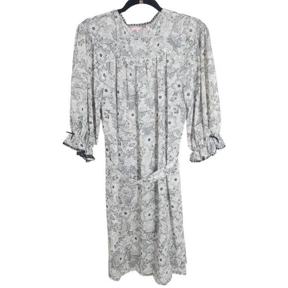 Oscar De La Renta Pink Label Robe Womens M White Black Floral Tie 3/4 Sleeve - Picture 2 of 10